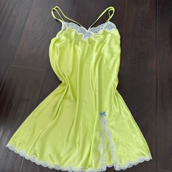 Neon Yellow Satin Slip Dress Lace Trim Y2K Victoria’s Secret Style S - Picture 8 of 9